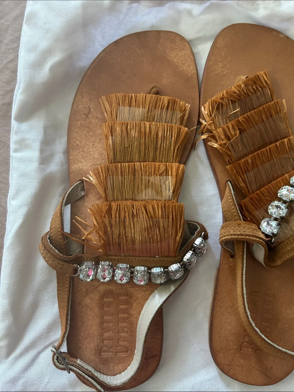 Rivera Upgrade Made In Italy Tan Fringe Sandals with Rhinestone Accent 41